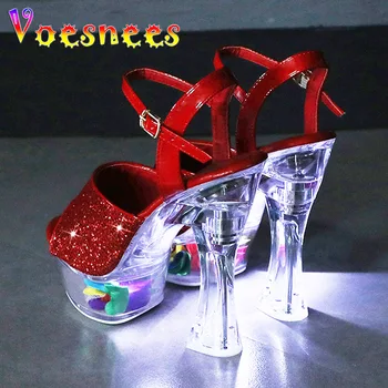 2022 Женские босоножки, Пикантные прозрачные туфли на платформе и высоком каблуке для ночного клуба, светящиеся женские туфли 14 см, женские вечерние свадебные туфли
