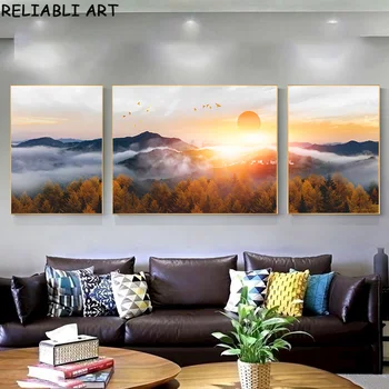 3 панели С пейзажами Утреннего восхода солнца, картины на холсте, настенные рисунки, плакаты и принты для домашнего декора в гостиной Без рамок
