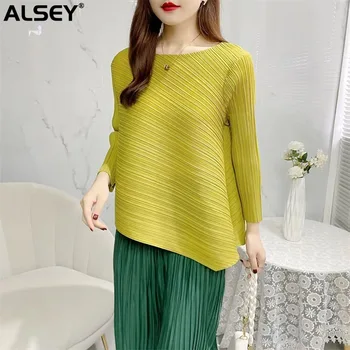 ALSEY Miyake, Плиссированная Повседневная Женская футболка с длинным рукавом, Модная Женская Весенне-Осенняя Новая Ретро-Темпераментная Женская футболка, Топ