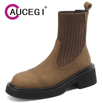 Aucegi, Роскошный бренд, Качественный дизайн, Кожаные ботильоны для вязания в стиле пэчворк, Модная женская осенняя обувь на высоком массивном каблуке с круглым носком