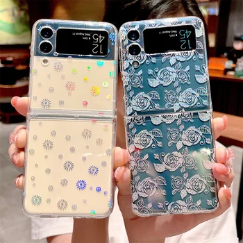 Ins Модный прозрачный чехол с лазерными цветами для Samsung Galaxy Z Flip 3 ZFlip3 в прекрасном прозрачном мягком переплете