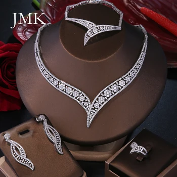 JMK Luxury Saudi Bridal 4шт Ювелирные Наборы Женские Свадебные Посеребренные Ювелирные изделия Аксессуары для званого ужина Подарочный челнок