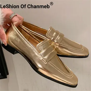 LeShion Of Chanmeb/ Женские Лоферы на плоской подошве из натуральной кожи цвета: Золотистый, Серебристый, Без шнуровки на плоской подошве с квадратным носком, 2023, Весенняя Новая обувь, Размер 33-41