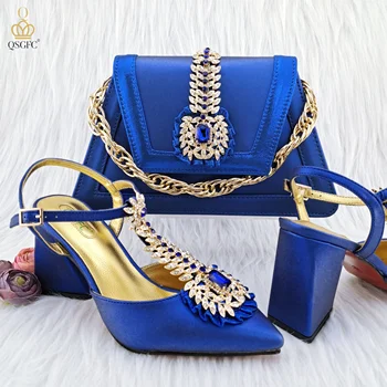 QSGFC Королевско-синяя благородная объемная сумка с элегантными туфлями на высоком каблуке популярного итальянского дизайна и набором сумок для африканских дам