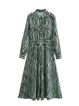 TRAF 2023, весенне-летнее новое модное платье с принтом зебры и поясом, повседневное платье с лацканами, однобортное длинное платье трапециевидной формы с длинными рукавами