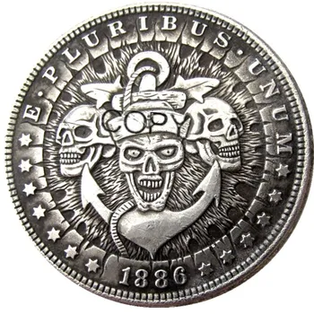 Американские монеты Hobo 1886 Morgan Dollar skull zombie skeleton с серебряным покрытием