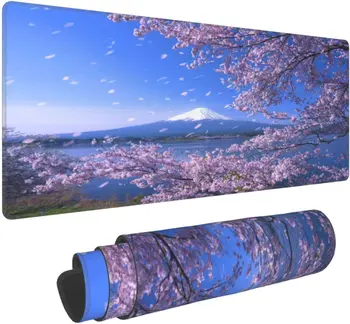 Большой коврик для мыши Mount Fuji and Cherry Blossoms -Функциональный письменный стол с прошитыми краями XXL Коврик для мыши Большой 31,5x11,8-дюймовый Коврик для мыши