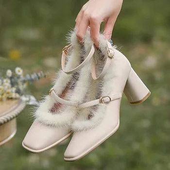Брендовая меховая женская обувь на высоком каблуке, Плотная Зимняя теплота, Новая меховая обувь, туфли-лодочки с квадратным носком, Лолита, Английский стиль, мода
