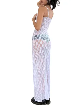 Женская летняя ночная рубашка, однотонное кружевное прозрачное платье без рукавов на бретельках, облегающее длинное платье на бретельках, пижамы
