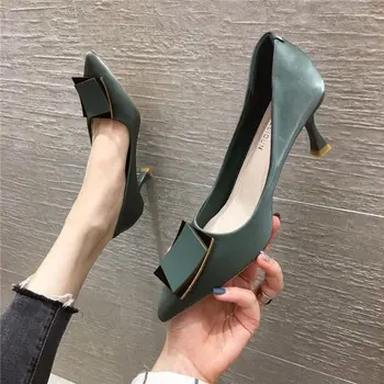 Женские модные милые зеленые туфли-шпильки с острым носком для вечеринки, черные офисные весенне-летние туфли на каблуке из искусственной кожи, E9268