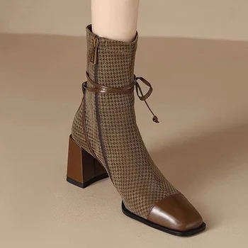 Зимние Новые женские туфли на высоком каблуке, ботильоны Челси с квадратным носком и бантом, Брендовые трендовые ботинки на молнии в стиле ретро, туфли-лодочки, Ботинки-носочки