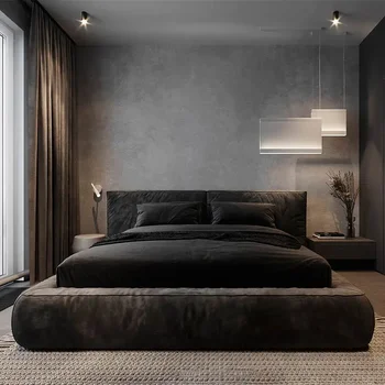 Итальянская минималистская тканевая кровать Современная минималистская двуспальная кровать Татами Напольная кровать Главная спальня Вилла Элитная кровать