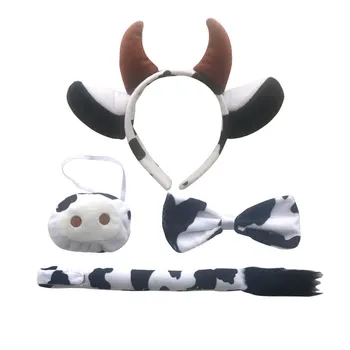 Коровьи уши, рога, повязка на голову, галстук-бабочка в носу и хвост, Маскарадный костюм для детей и взрослых, костюм для вечеринки на Хэллоуин, Косплей