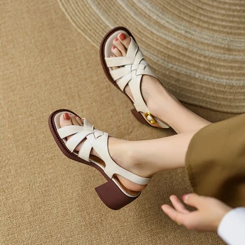 Летняя женская обувь 2023 года, женские босоножки на массивном каблуке с открытым носком, Обувь из натуральной кожи на высоком каблуке с перекрестной шнуровкой, женская обувь ручной работы
