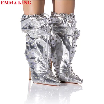 Модные женские ботильоны из металлизированной кожи, украшенные кристаллами, Вечерние свадебные туфли на высоком каблуке, Серебристые короткие сапоги с острым носком