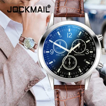 Модные мужские деловые Часы Кварцевые Часы с тремя глазами Мужские цифровые наручные часы С синим стеклом и кожаным ремешком Relogio Masculino
