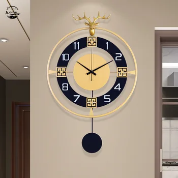 Настенные часы в виде головы оленя с металлическим маятником, креативные круглые Настенные часы для гостиной, ресторана, Подвесные часы, Тихие
