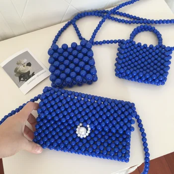 Новая модная простая сумка через плечо королевского синего цвета, повседневная универсальная женская сумка через плечо ручной работы, расшитая бисером, мини-губная помада, сумочка для телефона