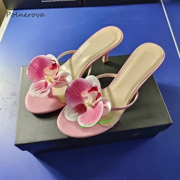 Новейшие женские тапочки с цветочным носком и круглым носком на тонком высоком каблуке, модные тапочки для банкета, модельные туфли 2023, летние элегантные милые