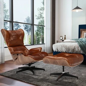 Обновленное кресло для отдыха середины века С пуфиком Из анилиновой кожи Орехового дерева Ретро-коричневого цвета