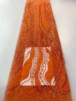 Оранжевая роскошная кружевная ткань для жениха в африканском стиле высокого качества 2023, вышивка бисером, французский тюль, кружевное Нигерийское свадебное платье