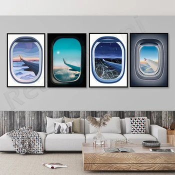 Плакат с видом из окна самолета, закат из окна самолета, плакат о путешествии по ночному городу, иллюстрация из окна самолета, домашний декор
