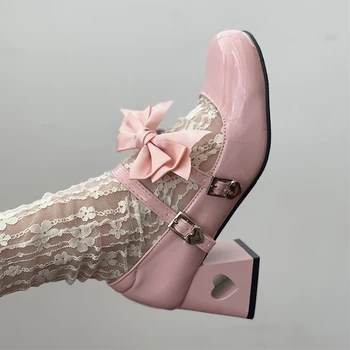 Розовые женские туфли Mary Jane Lolita 2023 Осень Y2K, туфли-лодочки из лакированной кожи на низком каблуке, женские туфли для вечеринок с ремешками на лодыжках и шелковым галстуком-бабочкой