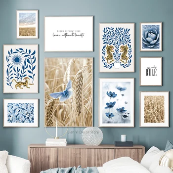 Синий цветок, бабочка, Тигр, Золотая пшеница, настенная живопись, холст, плакаты на скандинавскую тему и принты, картины для домашнего декора гостиной