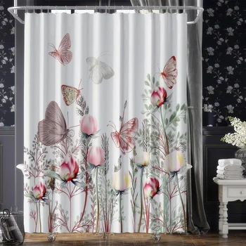Тканевые занавески для душа с бабочками и цветами в винтажном стиле для ванной, занавески для ванной с ботаническими листьями, весенняя природа, занавески для ванной комнаты