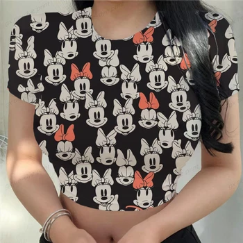Топы с принтом Disney Minnie Mickey Harajuku, женские футболки, готическая уличная одежда, сексуальный облегающий короткий рукав, Короткая футболка, женская футболка