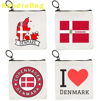 Флаг страны Дания Карта Ключ Кошелек для монет Холщовая сумка LOVE HEART Копенгаген Дания Милая сумка для девушки Хлопчатобумажные Сумки Кошелек на молнии Подарки