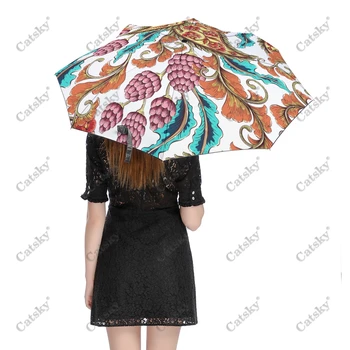 Цветочный текстурный орнамент Зонтик Rain Women 3-Складной Полностью автоматический зонт для защиты от солнца Инструмент для путешествий на открытом воздухе Parapluie