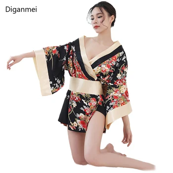 Черное сексуальное платье-кимоно в японском стиле, Цветущая сакура, косплей, японское традиционное кимоно, женский халат, одежда гейши